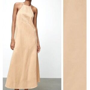 Zara Embroidered Linen Cotton Maxi Dress Size S Apricot Halter